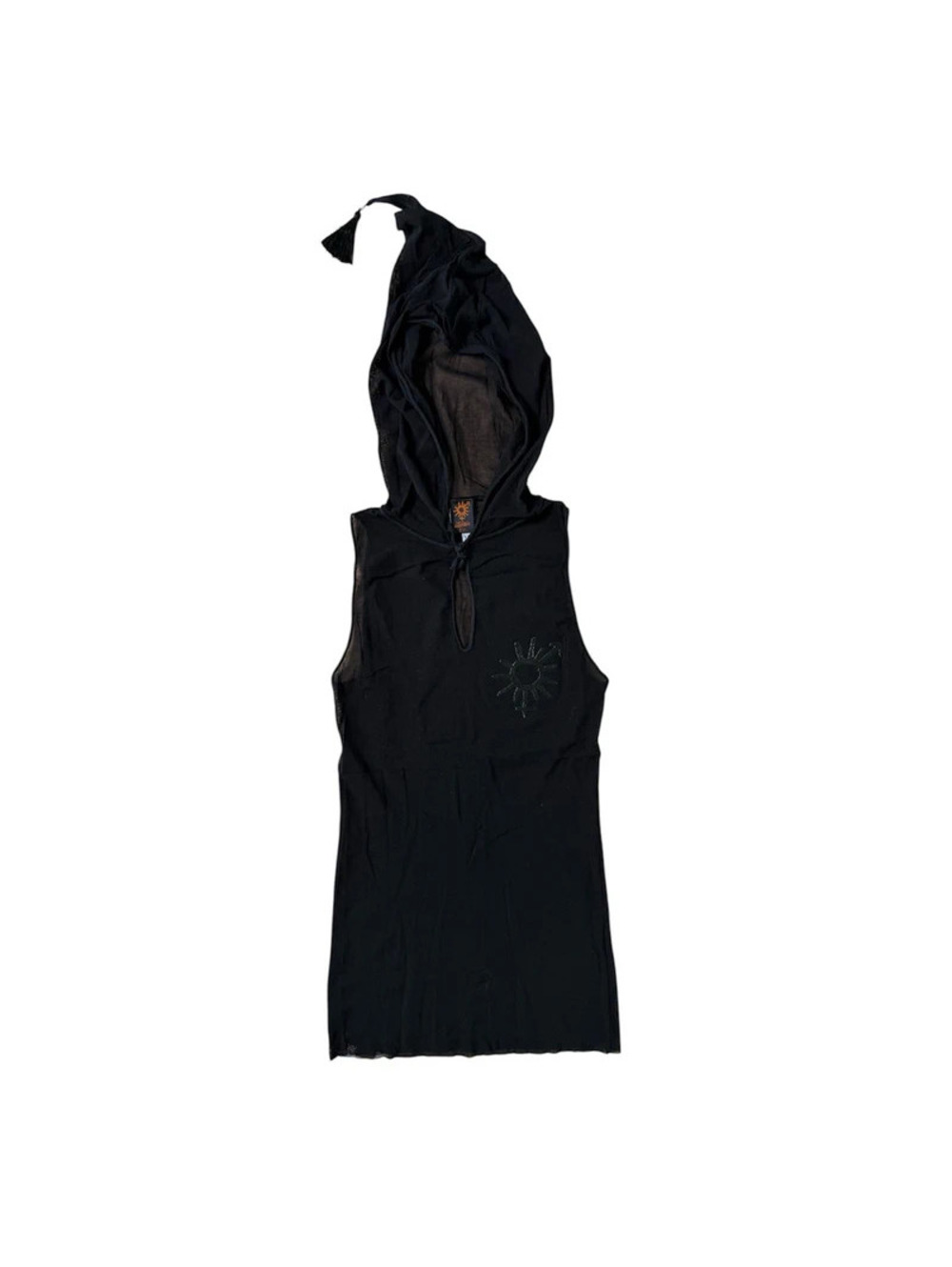 Vintage Y2K Jean Paul Gaultier Soleil Black Mesh Hooded Tassel Sun Embroidery XS